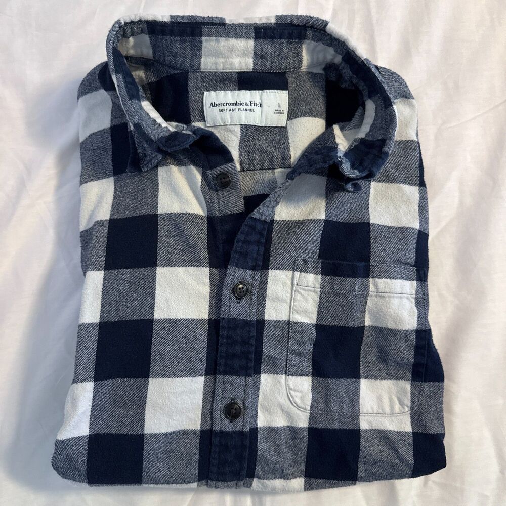 Mens L Abercrombie & Fitch Men’s Plaid Flannel Shirt Navy White Long Sleeve EUC